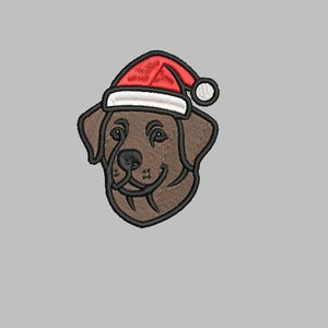 May include: Embroidered patch featuring a brown dog wearing a red Santa hat with a white trim and a white pom-pom. The dog's face is detailed with black outlines and a smiling expression, perfect for holiday-themed crafts.