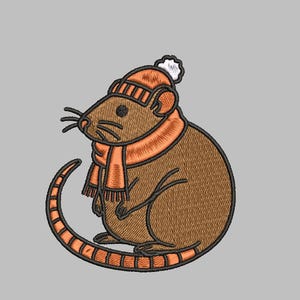 May include: Embroidered design of a brown rat wearing an orange hat and scarf with a white pom-pom. The rat's tail is curved, and the design is set against a gray background. The design is suitable for apparel or accessories.