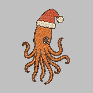 May include: Embroidered orange octopus wearing a red and white Santa hat. The octopus has eight curved tentacles and a large, round eye. The design is on a grey background, ideal for festive crafts.
