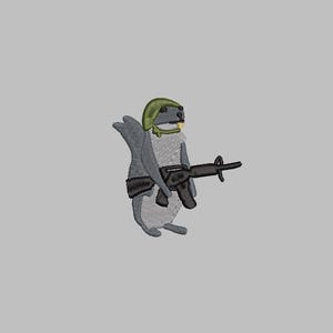 May include: A gray squirrel wearing a green helmet and holding a black rifle.