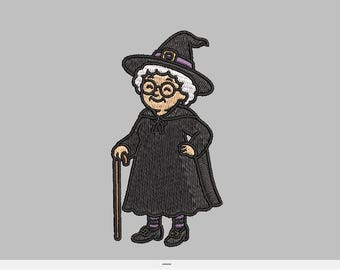 Grandma Witch with a cane Embroidery Design 4x4 Digital Machine Embroidery File PES DST jef hus vp3 for Instant Download Gift