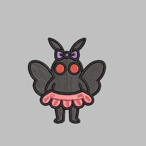 May include: Embroidered patch featuring a cartoon moth with a dark gray body, large black wings, and red eyes. The moth wears a pink tutu and a purple bow. The patch is designed for sewing or ironing onto fabric.