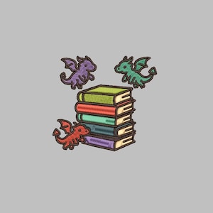 May include: An embroidered design featuring a stack of books with green, red, blue, and purple covers. Three small dragons in purple, green, and red are flying around the books. The background is a solid light gray.