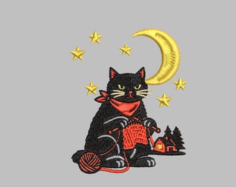 Vintage Cat Knitting under the moon Design 4x4 simple Digital Machine Embroidery File PES DST jef hus vp3 for Instant Download Classical