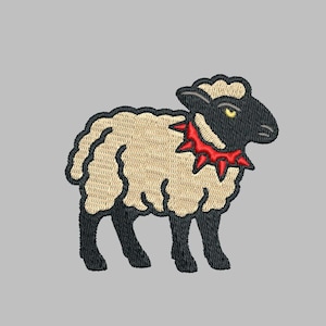 May include: Embroidered patch featuring a sheep with a black face and legs, tan wool, and a red spiked collar. The sheep is standing on a gray background. The patch is likely for clothing or accessories.