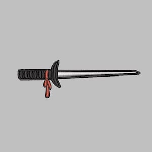 May include: A black and silver sword with a red ribbon tied around the handle.