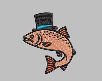 Salmon with Top Hat Embroidery Design 4x4 Digital Machine Embroidery File PES DST jef hus vp3 for Instant Download Funny Fancy Weird
