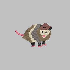May include: Embroidered patch of a brown and white opossum wearing a brown cowboy hat. The opossum has a pink nose and pink feet.