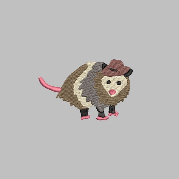 cowboy possum with boots and hat embroidery design files PES DST JEF 4x4 file cute kawaii coon trash animal fun trendy opossum cowgirl gun