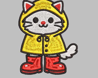 Fluffy Cat with Rain Coat and Boots Embroidery Design 4x4 Gothic Digital Machine Embroidery File PES DST jef hus vp3 for Instant Download