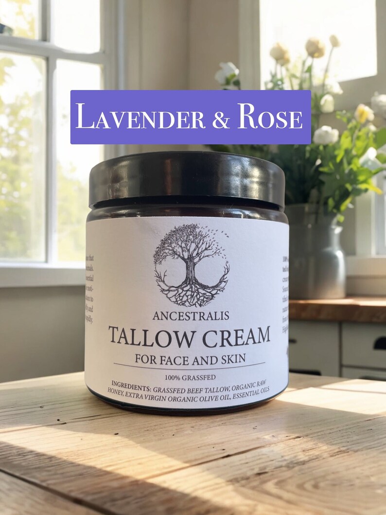 Tallow Crème Lavendel & Roos 100% grasgevoerde huidverzorging, gezichtsverzorging, baby, moisturizer afbeelding 1