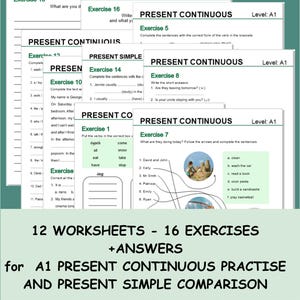 May include: A stack of worksheets for A1 level English learners. The worksheets cover present continuous and present simple tenses, with 16 exercises and answers. The text on the worksheets is black on a white background.
