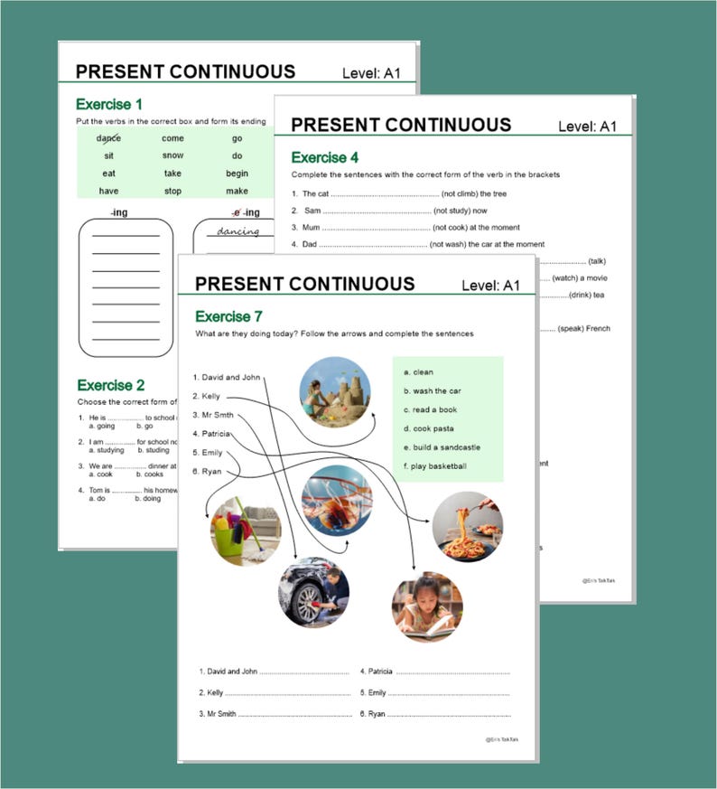 12 Worksheets 16 Exercises Bundle Present Continuous and Present Simple ...