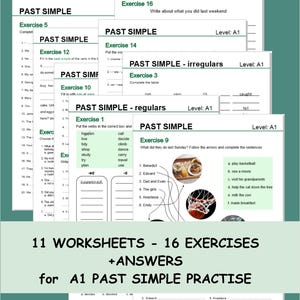 May include: A stack of English language worksheets for A1 level students. The worksheets cover past simple tense exercises, including fill-in-the-blank and sentence completion activities. The image includes the text "11 WORKSHEETS - 16 EXERCISES +ANSWERS for A1 PAST SIMPLE PRACTICE."