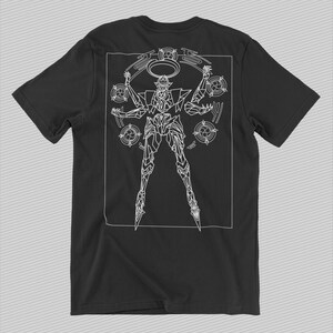 May include: Black t-shirt with a white graphic of a geometric robot with a halo, surrounded by circles.