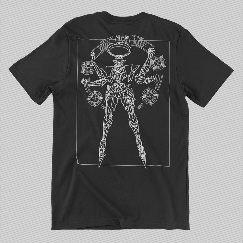 May include: Black t-shirt with a white graphic of a geometric robot with a halo, surrounded by circles.