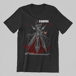 May include: Black t-shirt with a white graphic of a character from the video game Genshin Impact. The character is La Signora, and the text "LA SIGNORA" is printed above the character.