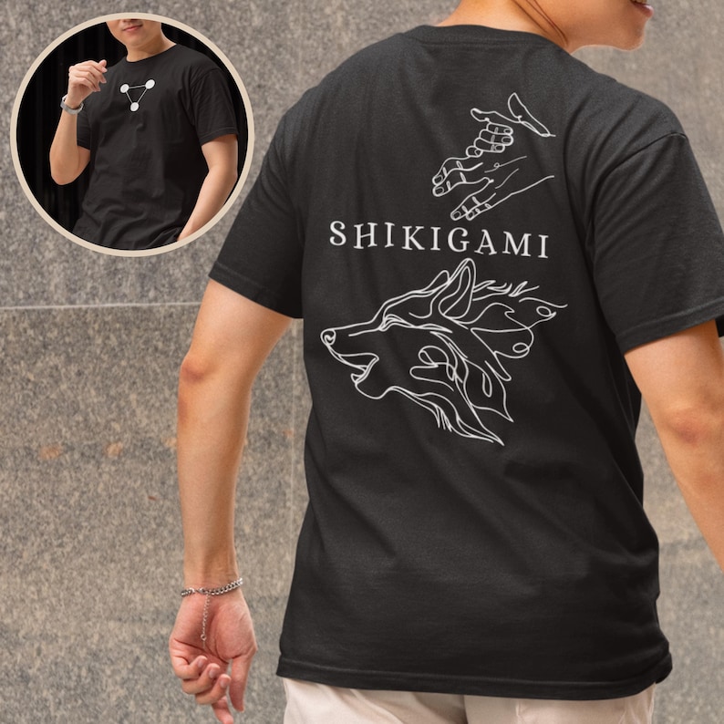 May include: Black t-shirt with a white wolf graphic and the text "SHIKIGAMI" on the back.