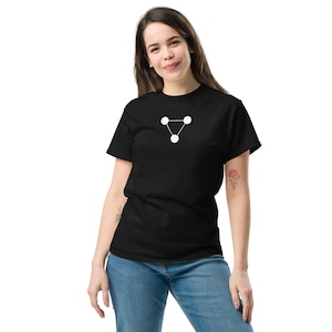 May include: A black t-shirt with a white graphic of a triangle with three circles connected by lines.