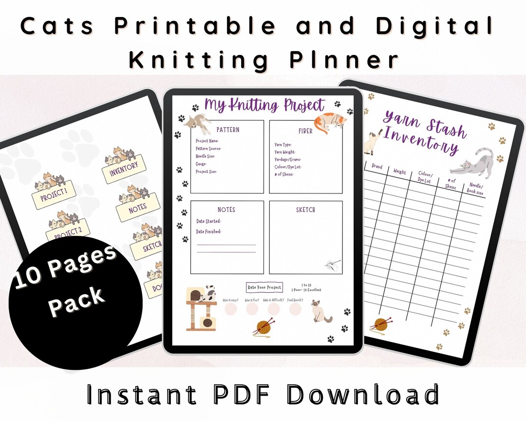 Cats Knitting Planner, Knitters Digital and Printable Planner Bundle ...