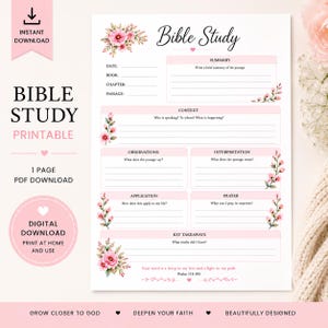 Könnte beinhalten: Eine druckbare Bibelstudienvorlage mit einem rosa-weißen Blumendesign. Die Vorlage enthält Abschnitte für Zusammenfassung, Kontext, Beobachtungen, Interpretation, Anwendung, Gebet und wichtige Erkenntnisse. Der Text enthält "Bible Study" und "Printable".