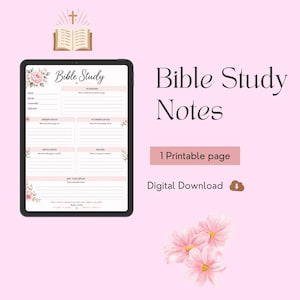 May include: A digital Bible study notes template displayed on a tablet screen, featuring sections for summary, observations, interpretation, application, prayer, and key takeaways, decorated with pink floral accents and the text Bible Study Notes.
