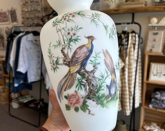 中国陶器花瓶 9.5インチ 転写陶器 鳥 花 金箔 手描き ホーム