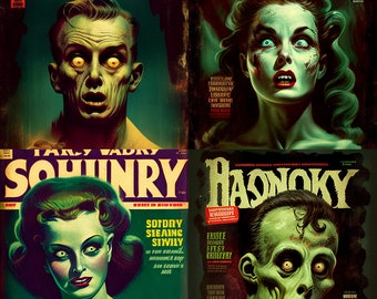 Può includere: Quattro copertine di fumetti horror vintage con schemi di colore verde e nero. Le copertine presentano illustrazioni di un uomo e una donna con la pelle verde e uno zombie con la bocca spalancata. I titoli dei fumetti sono "SOURY MASKIY", "SOON ATTRY", "SOHINRY" e "HAONOKY".