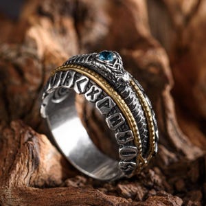 Ouroboros Ring – Silver and Gold Norse Ring with Elements, Runes & Hidden Serpents