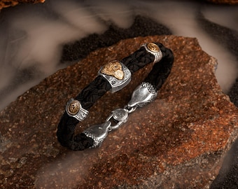 Viking Odin Valknut Bracelet: Sterling Silver, Leather Cuff & Garnet
