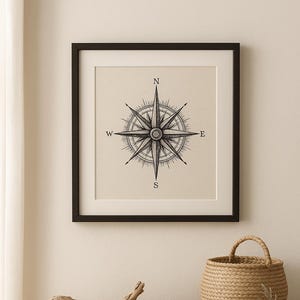Puede incluir: Una impresión enmarcada de una rosa de los vientos en blanco y negro cuelga sobre una mesa de madera. Una cesta tejida, un trozo de madera flotante y un libro están sobre la mesa. La rosa de los vientos está centrada en el marco.