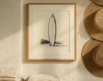 Vintage Surfboard Sketch Print | Minimalist Beach House Decor (Digital Download)