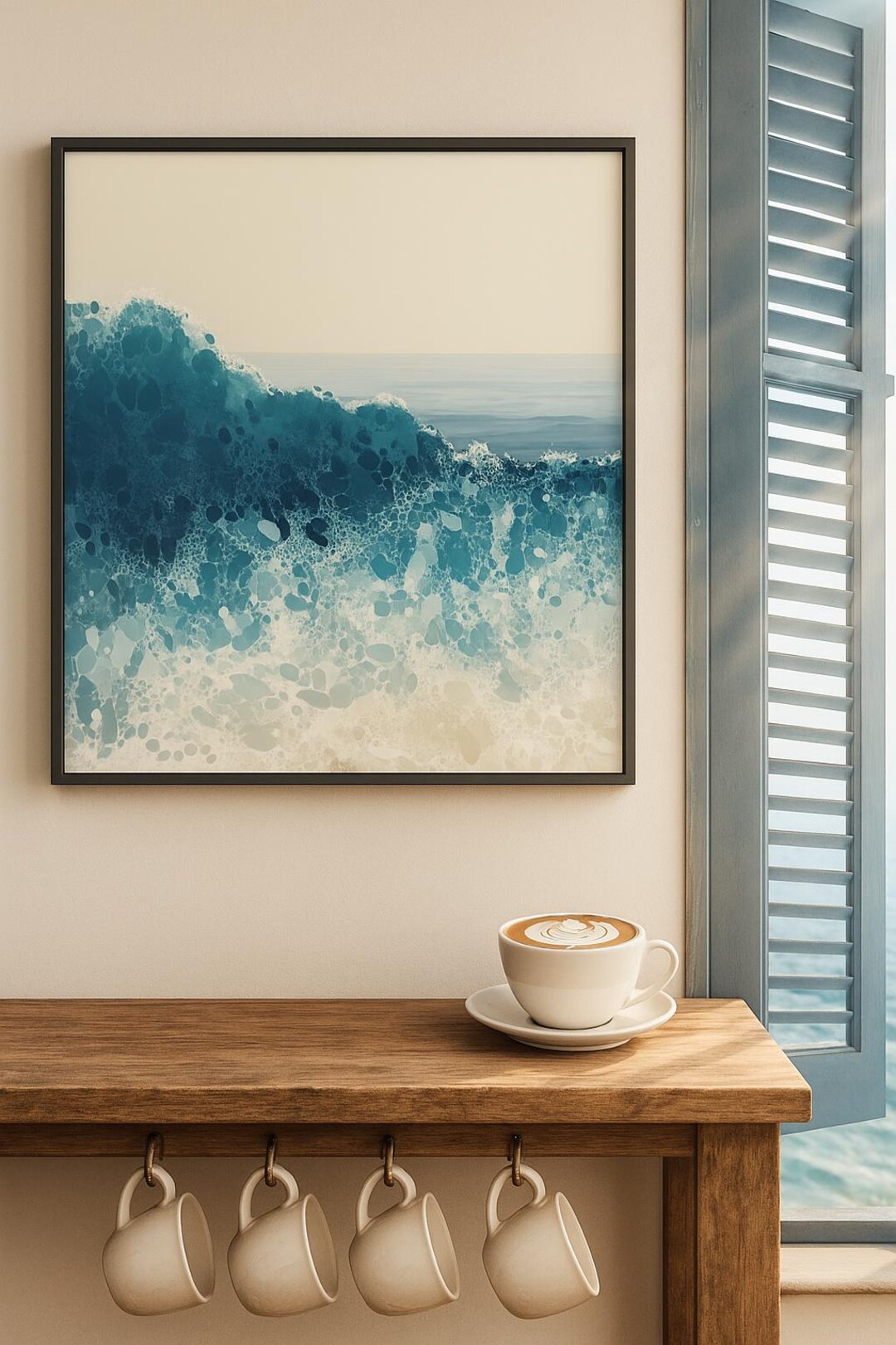 Abstract Ocean Wave Wall Art Print, Coastal Blue Sea Foam Painting ...