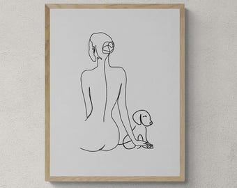 Woman and Dog Line Art Print – Minimalist Wall Art – Dog Lover – Digital Download
