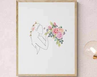 Floral Woman Line Art Prints | Minimalist Female Wall Art | Digital Printable Poster