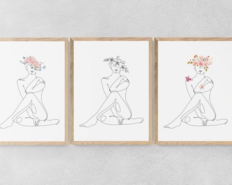 Set of 3 Floral Woman Line Art Prints | Minimalist Botanical Wall Art (Digital Download)