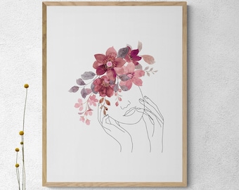 Colorful Floral Woman Face Printable Wall Art, Feminine Line Art Portrait, Modern Boho Decor, Digital Download, Aesthetic Wall Print