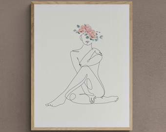 Floral Woman Line Art Prints | Minimalist Female Wall Art | Digital Printable Poster