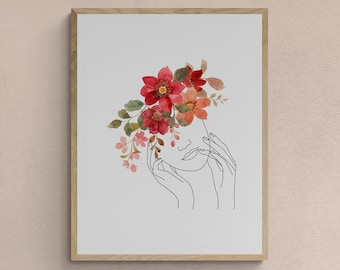Colorful Floral Woman Face Printable Wall Art, Feminine Line Art Portrait, Modern Boho Decor, Digital Download, Aesthetic Wall Print