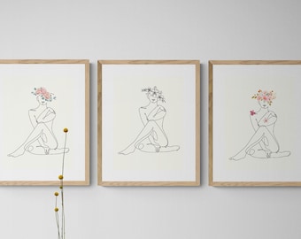 Set of 3 Floral Woman Line Art Prints | Minimalist Botanical Wall Art (Digital Download)