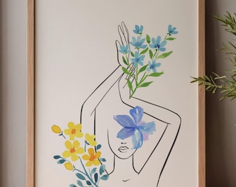 Floral Woman Line Art Prints | Minimalist Female Wall Art | Digital Printable Poster
