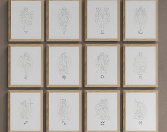 Set of 12 Woman Zodiac Signs Prints | Minimalist Line Art Star Signs for Wall Art and Home Decor (Digital Download)