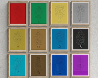 12 Zodiac Signs Line Art Prints | Minimalist Astrology Wall Art (Digital Download)