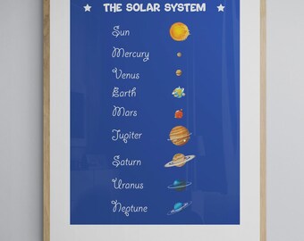 Póster del sistema solar para guardería / Impresión de astronomía Montessori para niños (descarga digital)