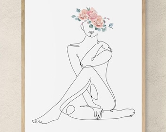 Láminas de arte lineal con motivos florales de mujeres / Arte mural minimalista femenino / Póster digital imprimible