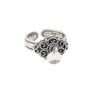 Sylvsmidja Norwegian Silver Bunad Ring Oxidized With Filigree Leaf Design and Silver Charm Adjustable