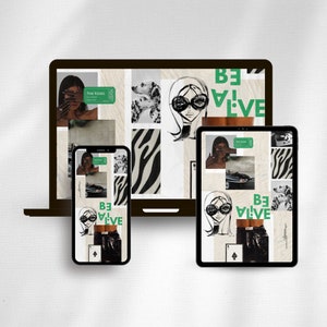 May include: A collage of images on a laptop, tablet and phone screen. The images include a woman with sunglasses, a dalmatian dog, a zebra print and the text "Be Alive".