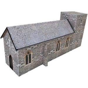 May include: A grey stone church model with a tall tower and a slate roof. The church has several windows and a door.