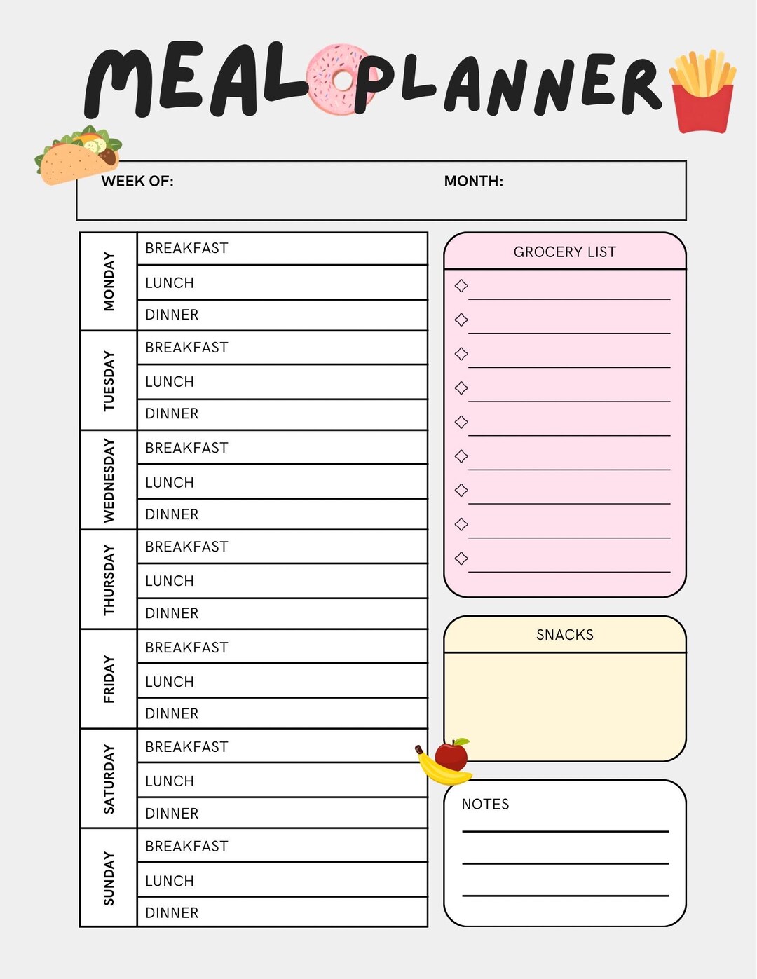 Weekly Meal Planner Printable With Grocery List (PDF Download) - Etsy