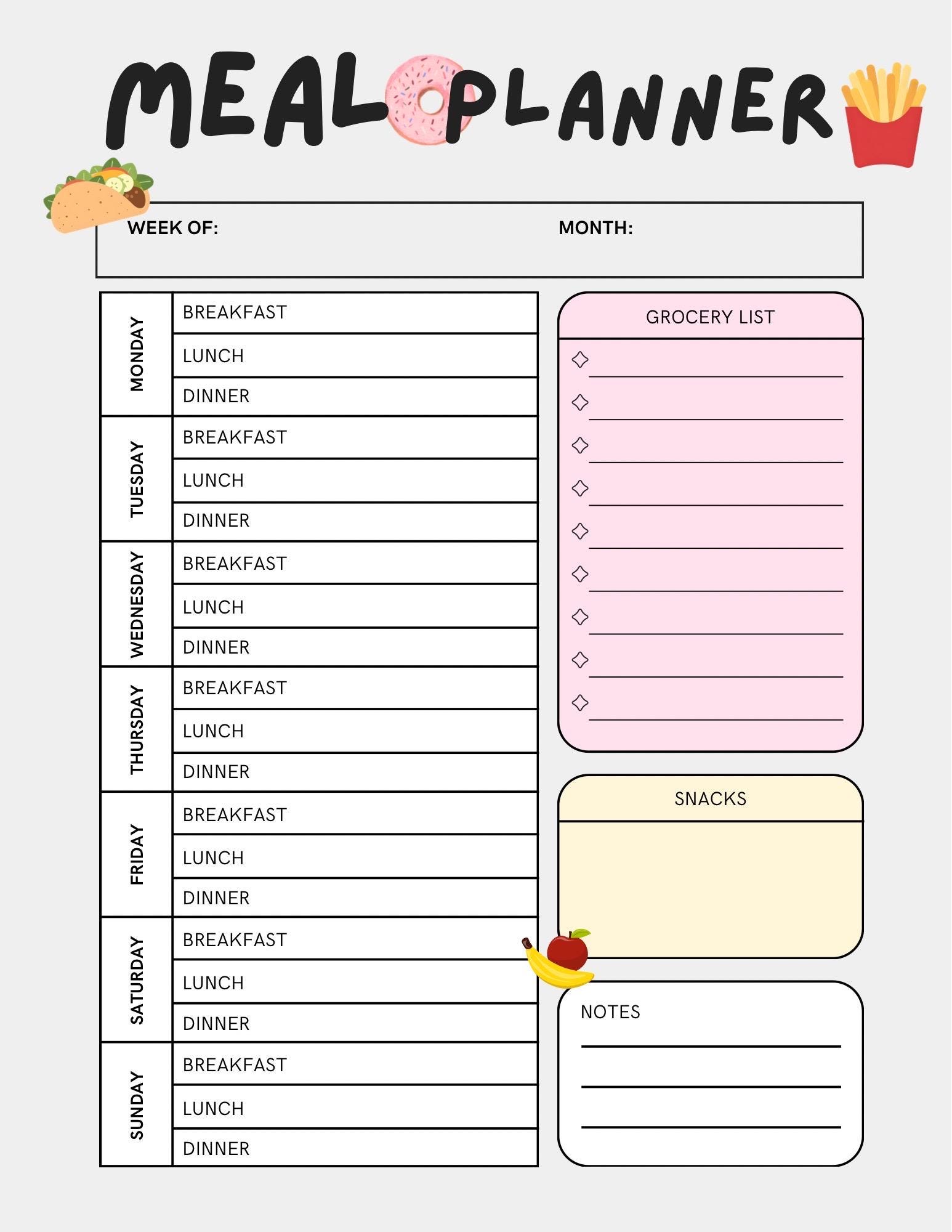 Weekly Meal Planner Printable With Grocery List (PDF Download) - Etsy
